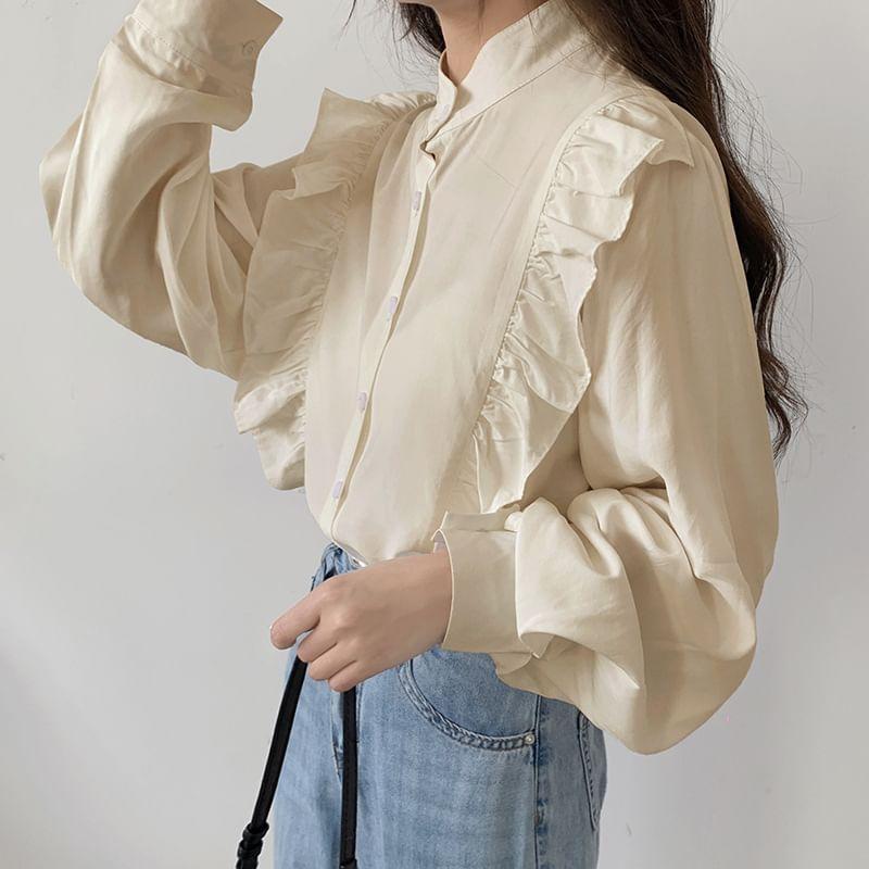 Band Collar Plain Ruffle Trim Shirt Product Image