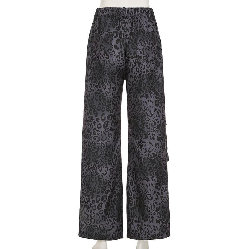 Drawstring Waist Leopard Print Wide Leg Pants Product Image