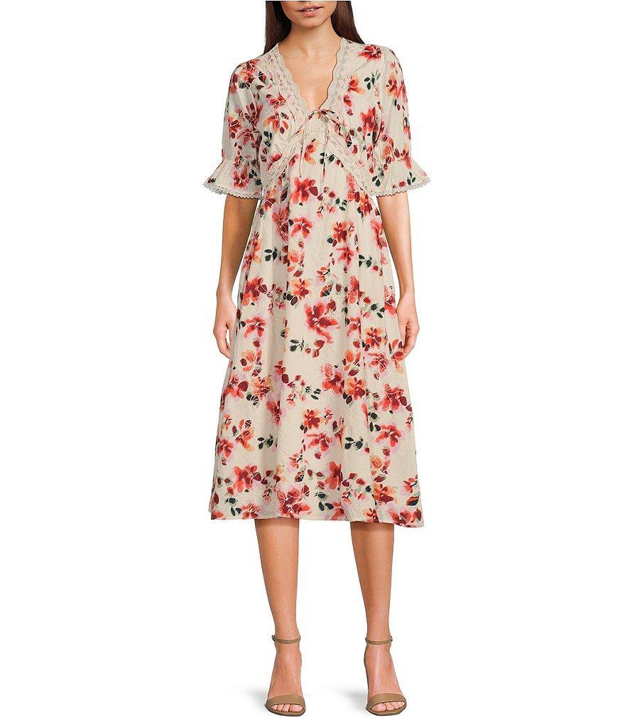 Sam Edelman Dasie Lace Detailed Floral Print V-Neck Short Sleeve Midi Dress product image