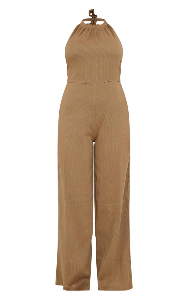 Taupe Textured Halterneck Low Back Jumpsuit Product Image