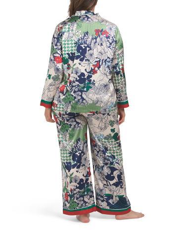 Plus 2pc Satin Floral Notch Long Pajama Set for Women | Polyester/Spandex Product Image