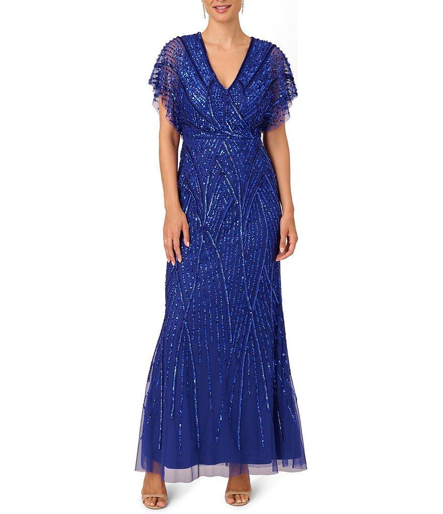 Adrianna Papell Beaded V-Neck Short Flutter Sleeve Mermaid Gown Product Image