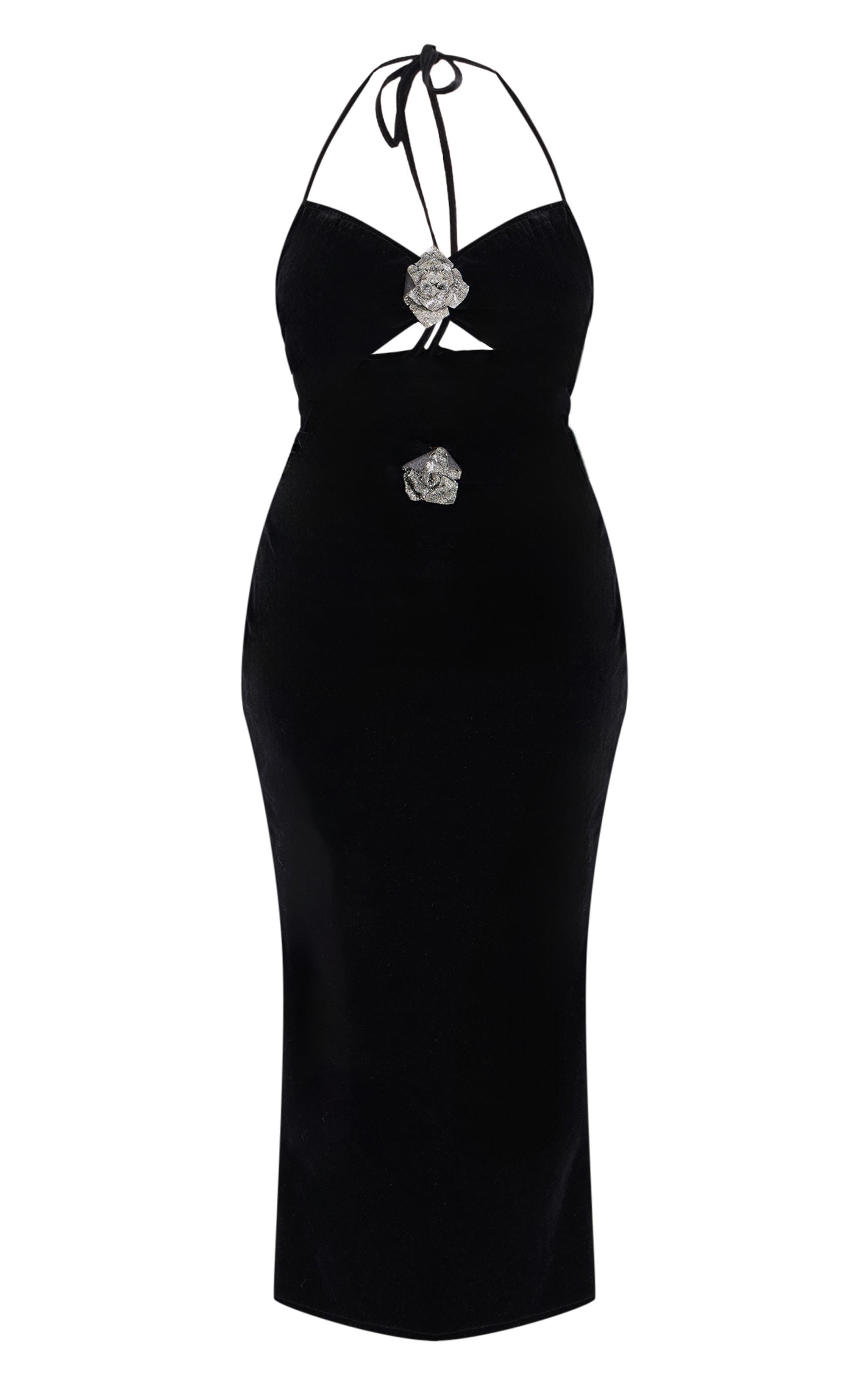 Plus Black Corsage Detail Cut Out Velvet Maxi Dress Product Image