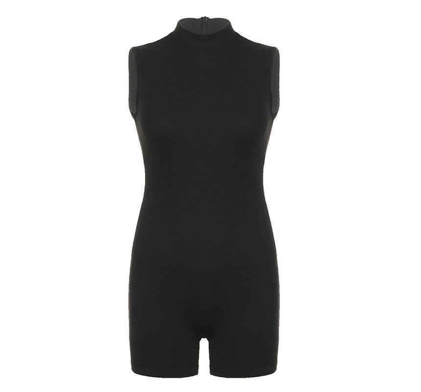 Sleeveless Mock Neck Plain Romper Product Image