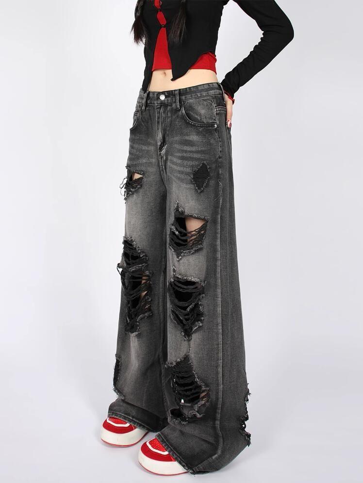 Low Rise Distressed Washed Wide Leg Jeans product image