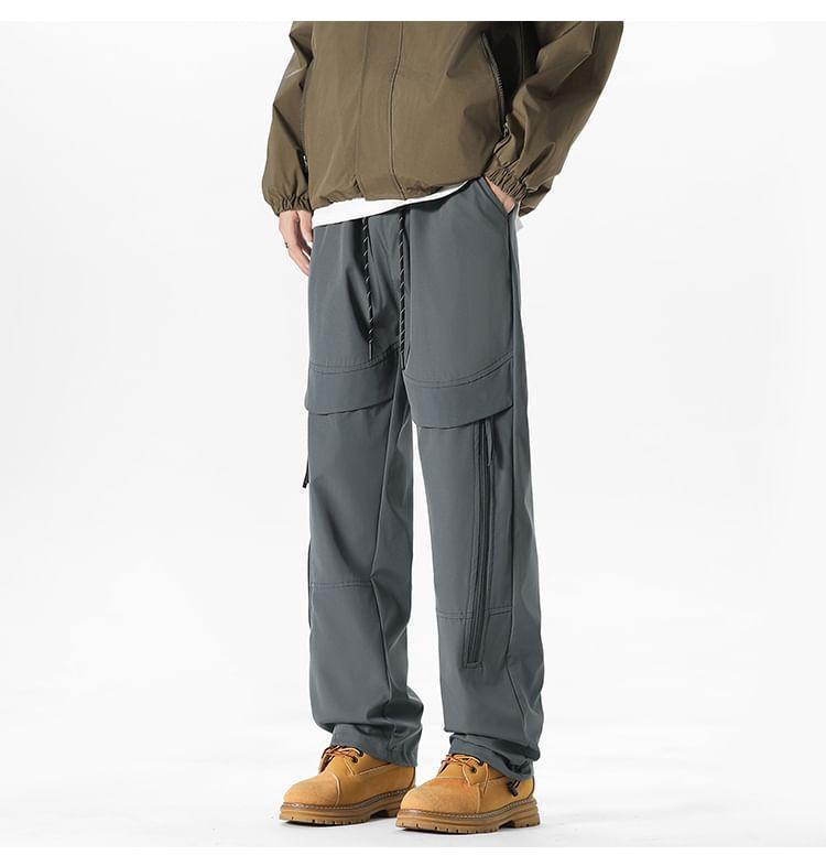 Drawstring Waist Plain Zipped Loose Fit Cargo Pants Product Image