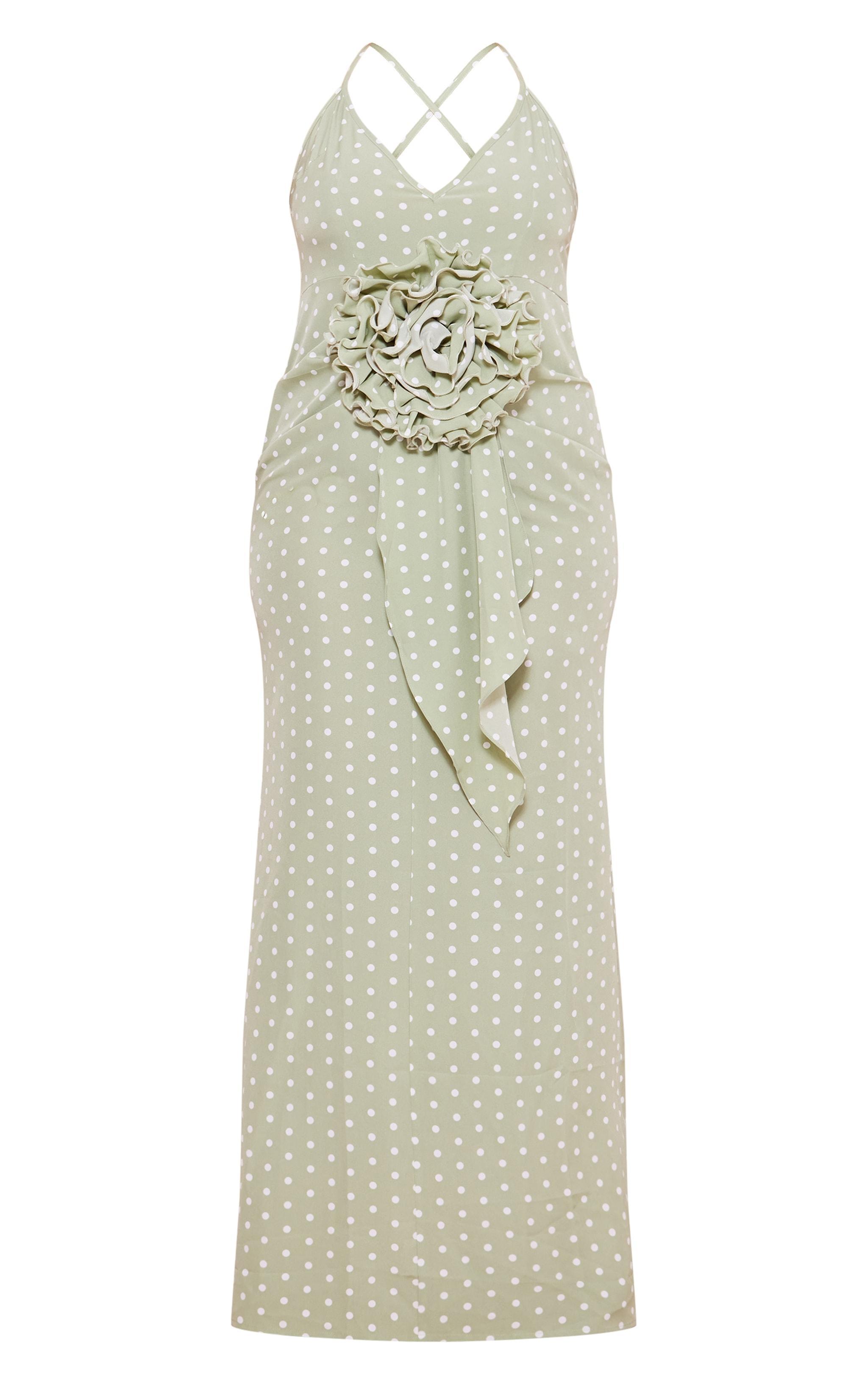 Plus Sage Polka Dot Satin Rose Detail Maxi Dress Product Image