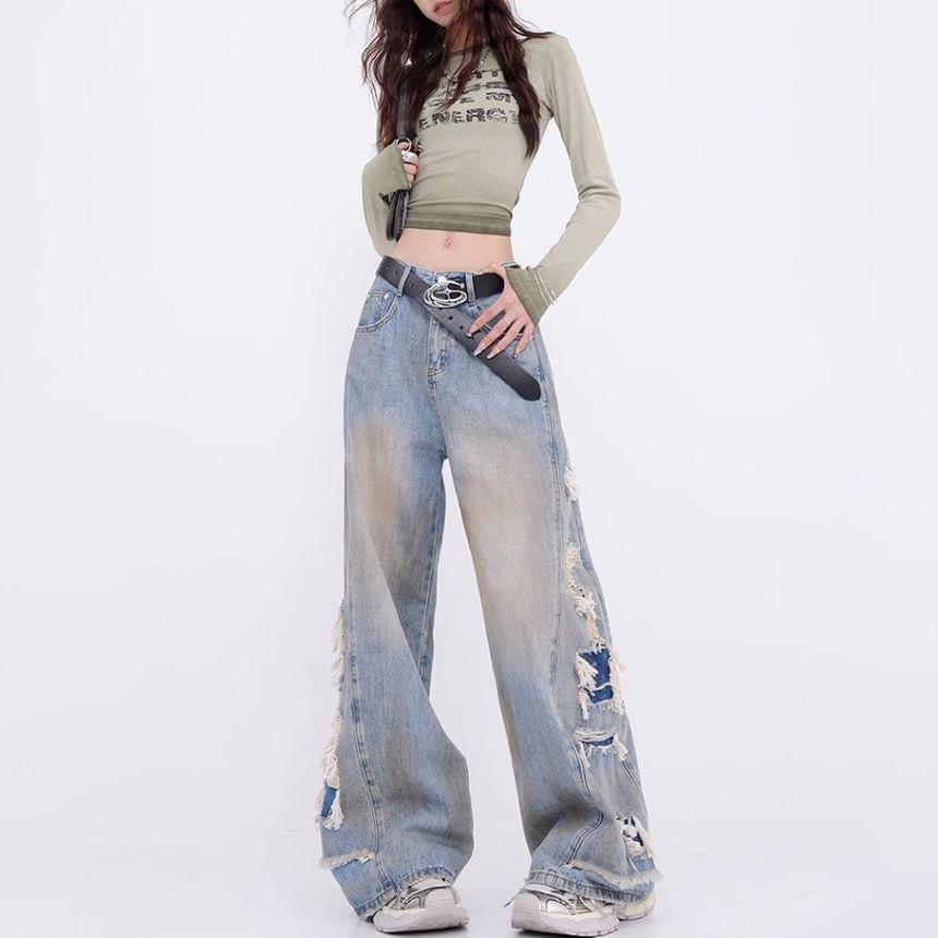 Mid Rise Distressed Washed Wide Leg Jeans Product Image