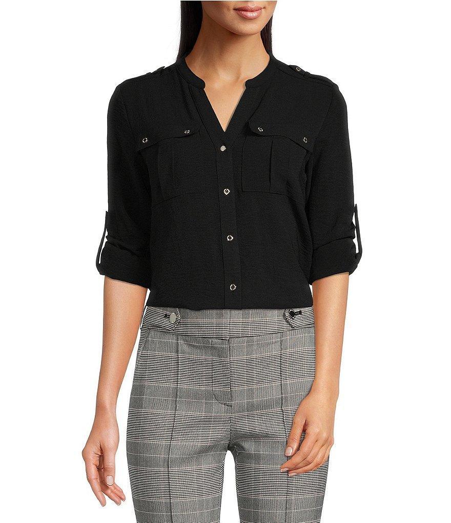 Calvin Klein Banded Collar Pocket Detail Long Roll-Tab Sleeve Blouse Product Image