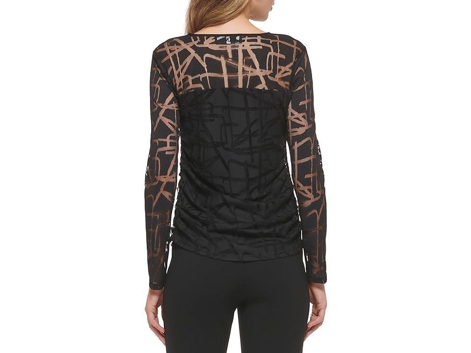 DKNY Long Sleeve Jacquard Mesh Ruched Top Women's Clothing Product Image