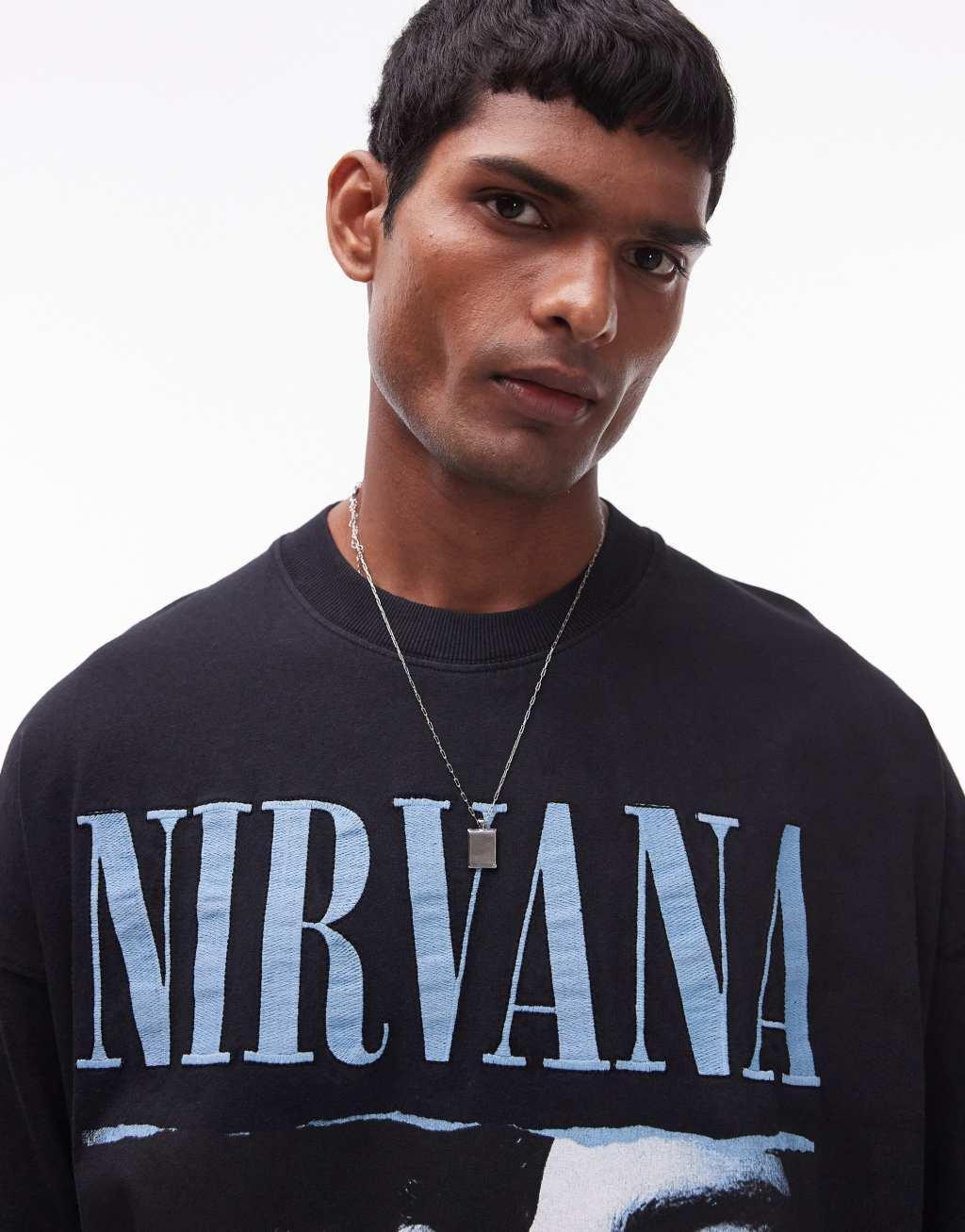 Topman oversized fit t-shirt with Nirvana print in washed black Product Image