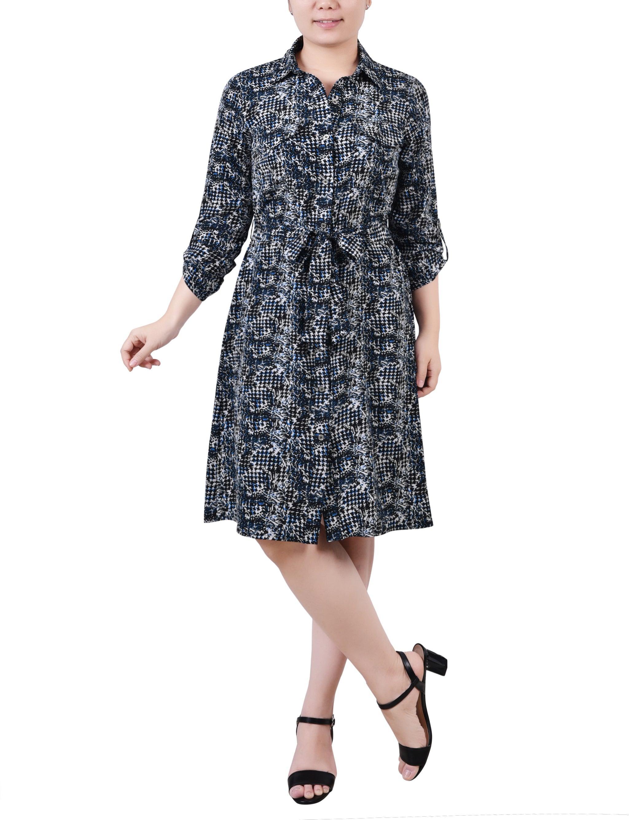 3/4 Roll Tab Sleeve Belted Shirtdress - Petite Product Image