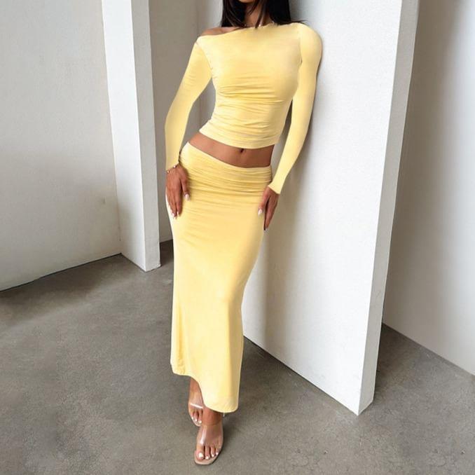 Set: Cold-Shoulder Long-Sleeve Plain Crop Tee + Low Waist Midi Mermaid Skirt Product Image