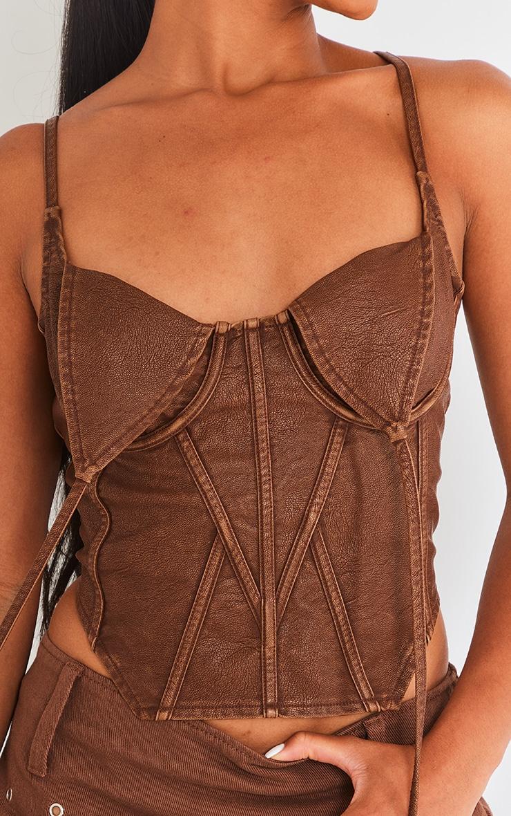 Brown Washed Faux Leather Under Wire Seam Detail Corset Product Image