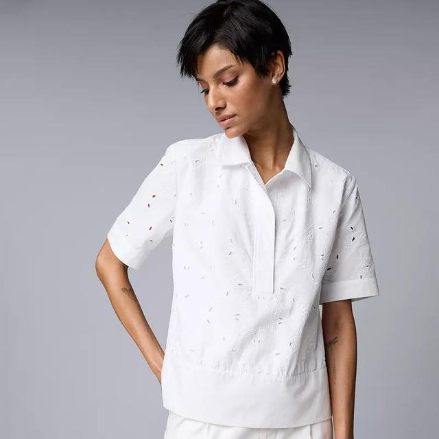 Womens Simply Vera Vera Wang Eyelet Paisley Embroidered Short Sleeve Button-Down Shirt Product Image