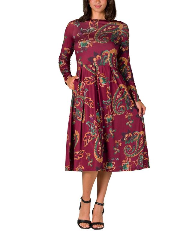 24seven Comfort Apparel Womens Wine Paisley Midi Length Long Sleeve Pocket Dress Product Image