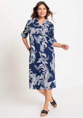 Olsen Womens 100% Cotton 3/4 Sleeve Collarless Paisley Floral Tunic Shirt Dress Product Image