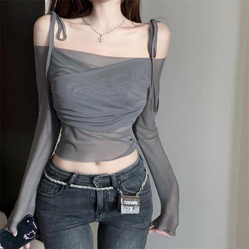 Long Sleeve Cold Shoulder Plain Ruched Mesh Top Product Image