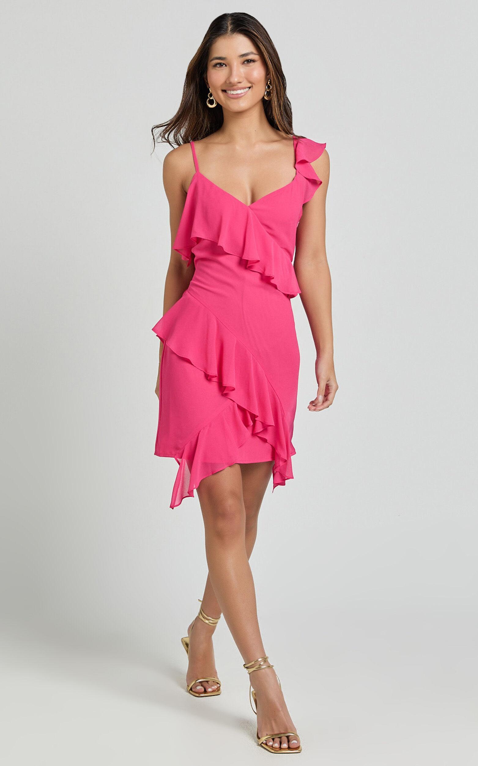 Zaria Mini Dress - Asymmetric Frill Detail Mini Dress in Hot Pink Product Image