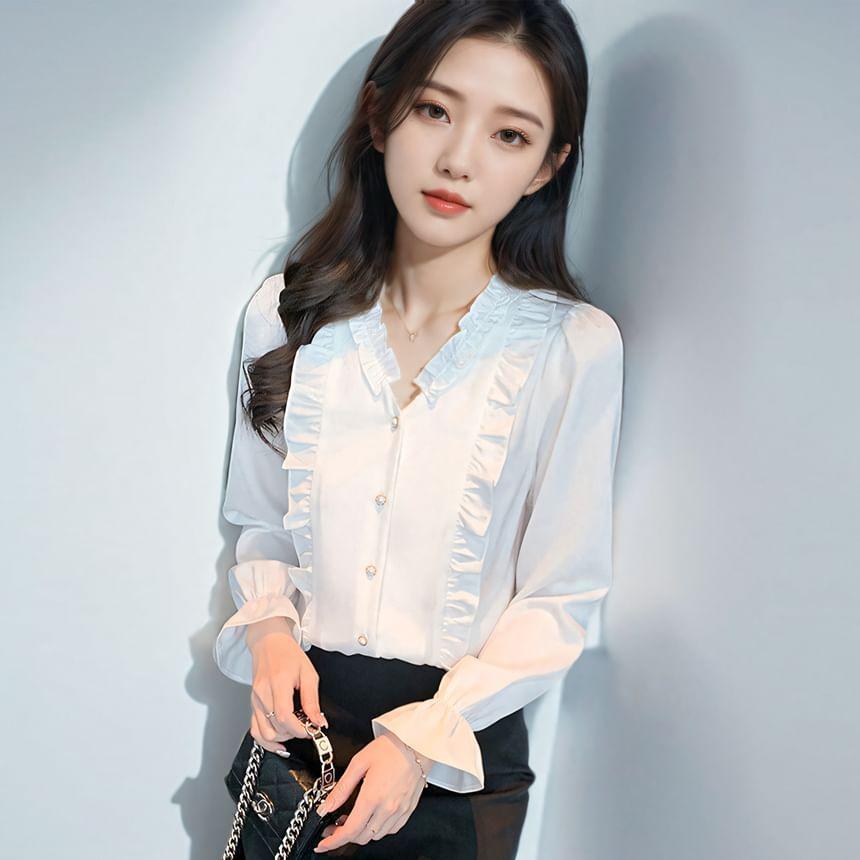 Long Sleeve V-Neck Ruffle Plain Button Blouse Product Image