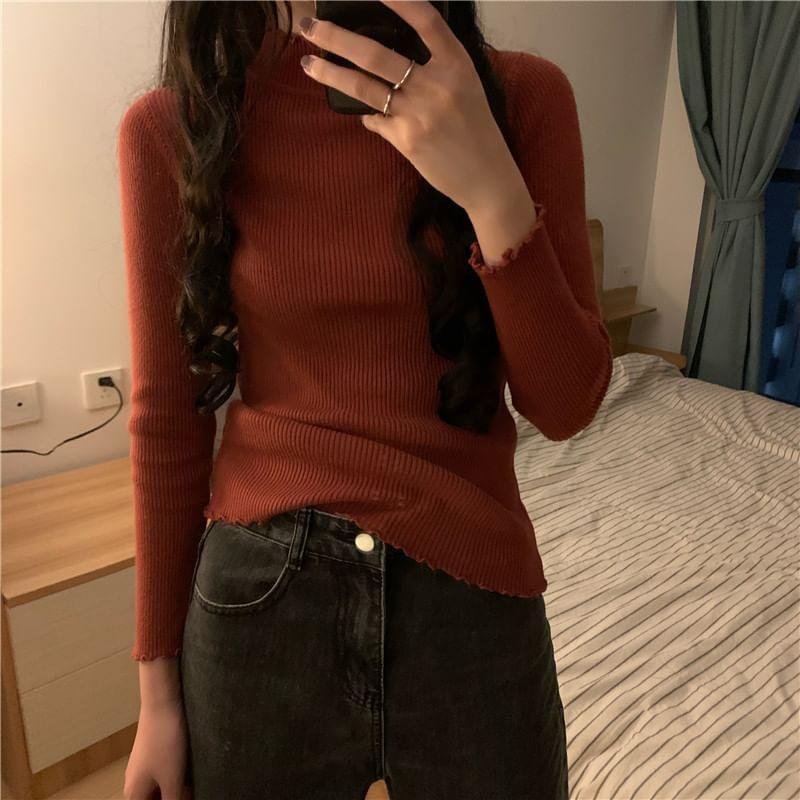 Long-Sleeve Mock Neck Plain Lettuce Edge Slim Fit Knit Top Product Image