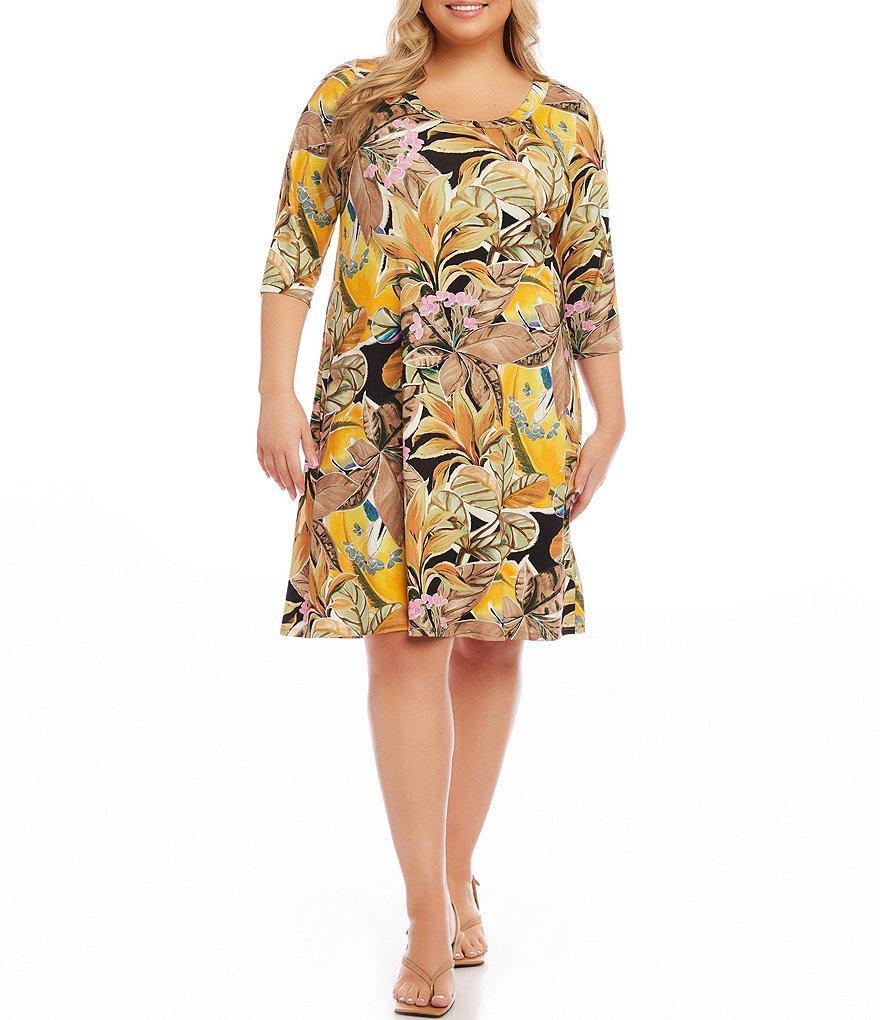 Karen Kane Plus Size Tropical Floral Print Scoop Neck 3/4 Sleeve Knee Length A-Line Dress Product Image