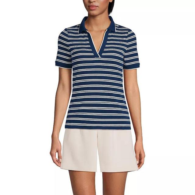 Petite Lands End Short Sleeve Polished Rib Polo, Womens Blue Dual Stripe Product Image