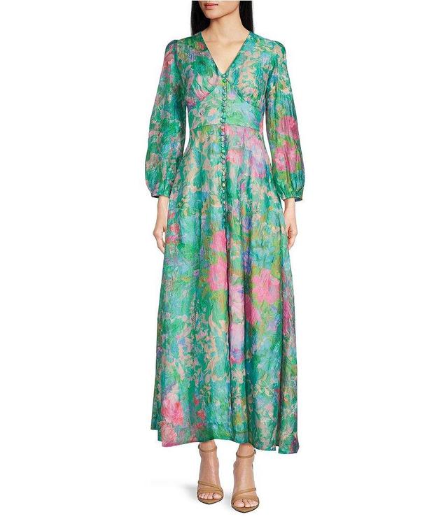 Abbey Glass Brooke Watercolor Floral Long Sheer Sleeve V-Neck Maxi Dress Product Image