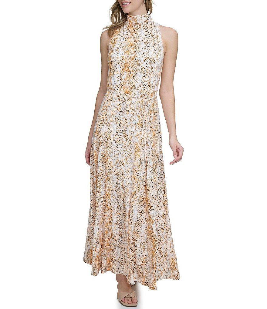 Calvin Klein Snake Skin Printed Mock Neck Tie Waist Sleeveless Maxi Dress Product Image