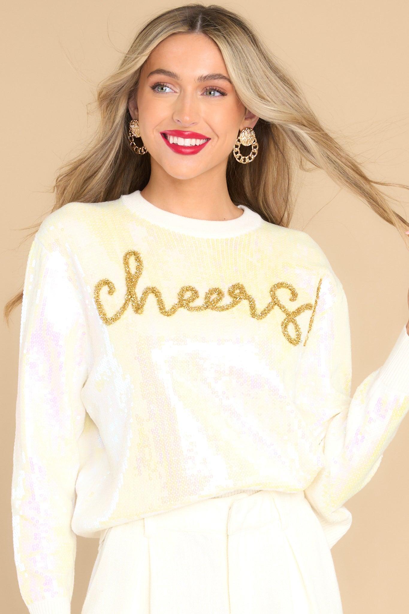 White Full Sequin Cheers Sweater Ivory Product Image