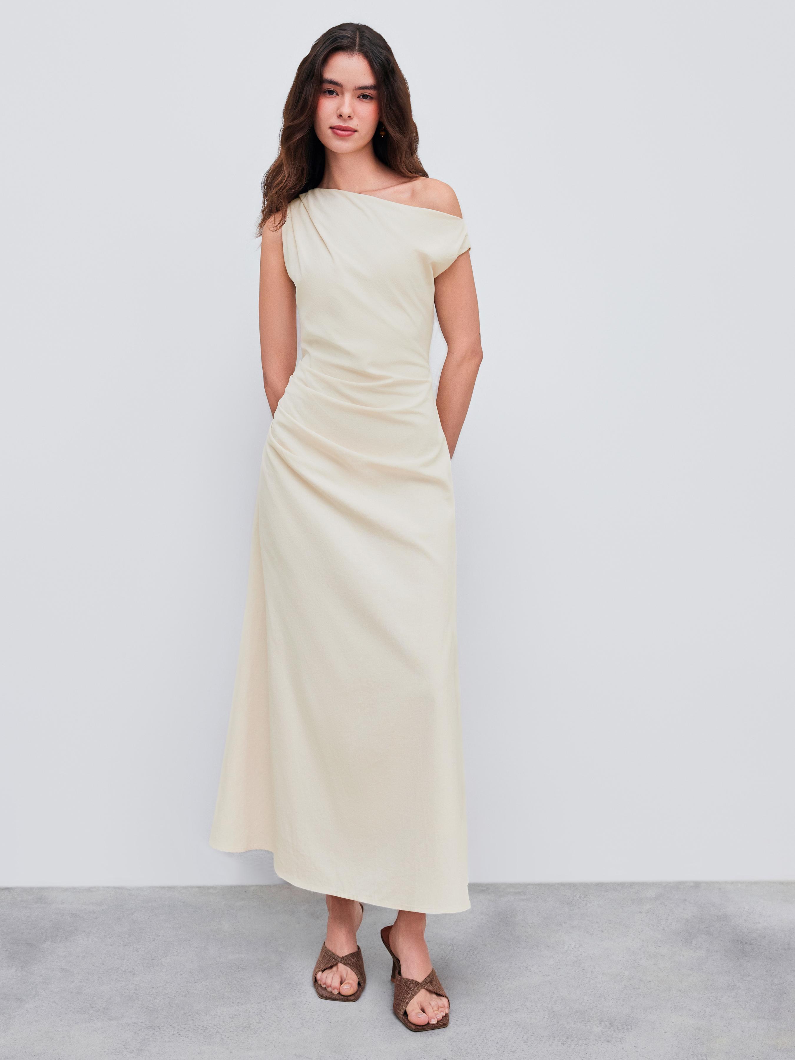 Asymmetrical Neck Solid Ruched Maxi Dress Product Image