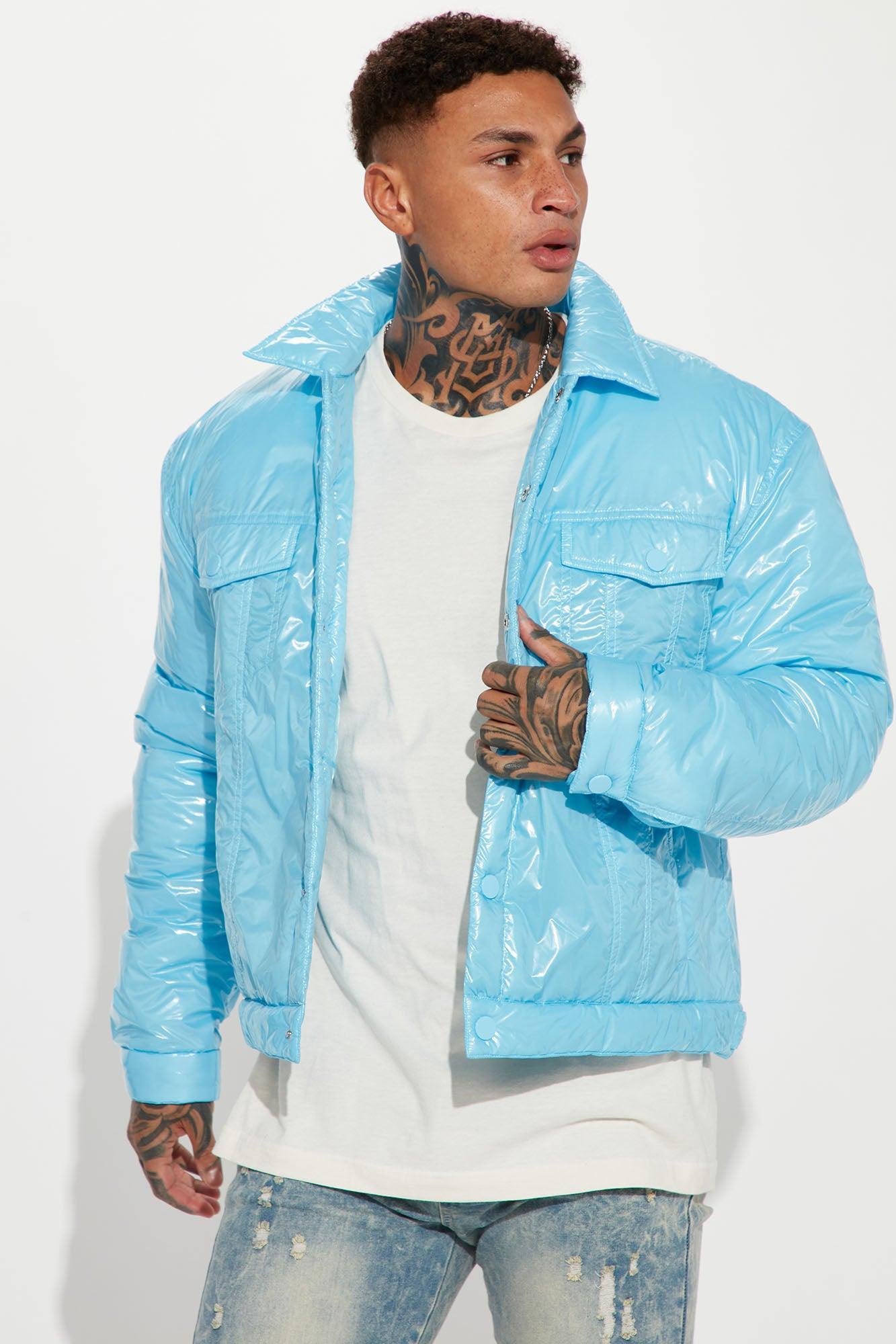 Posted Shiny Nylon Trucker Jacket - Light Blue Product Image