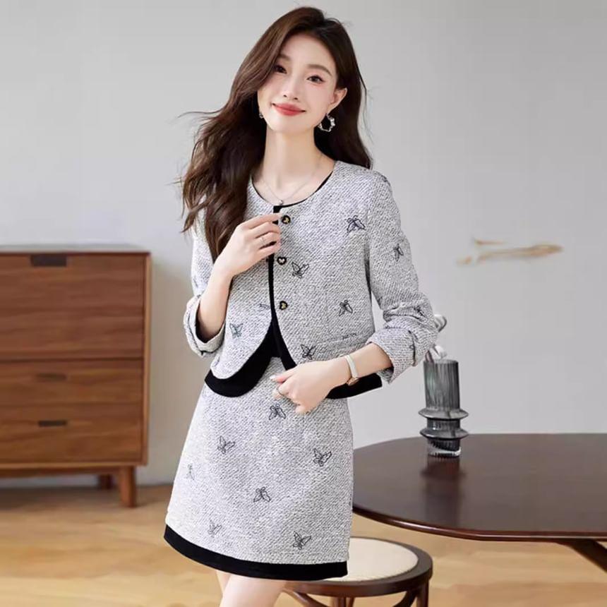 Set: Round Neck Butterfly Buttoned Jacket + High Waist Mini A-Line Skirt Product Image