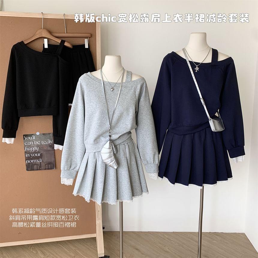 Set: Cold Shoulder Mock Two Piece Sweatshirt + Mid Rise Plain Mini Pleated Skirt Product Image