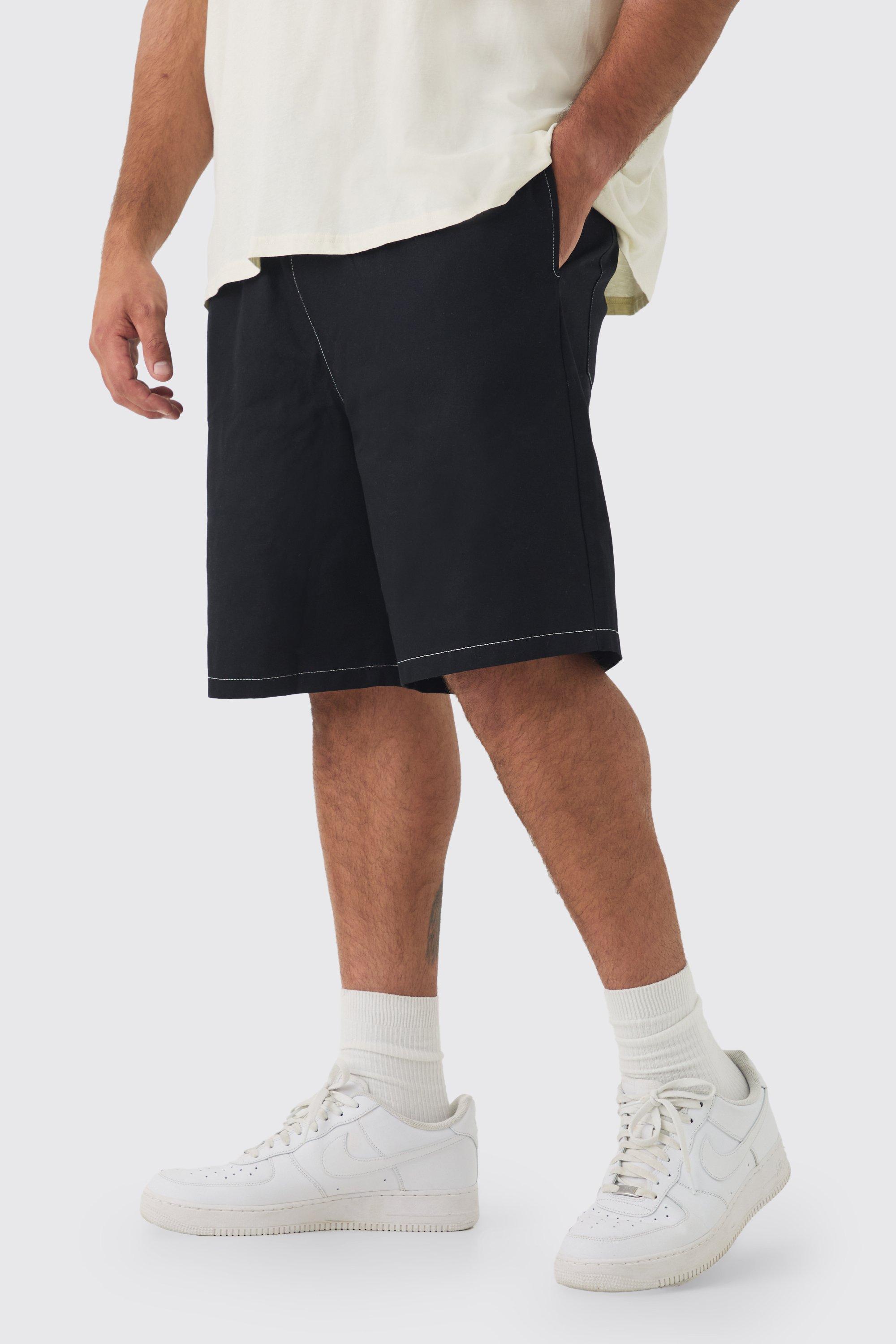 Plus Elasticated Waist Relaxed Twill Contrast Stitch Shorts | boohooMAN USA Product Image