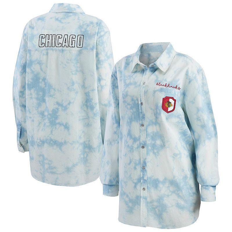 Womens WEAR by Erin Andrews White Boston Bruins Oversized Tie-Dye Button-Up Denim Shirt Product Image