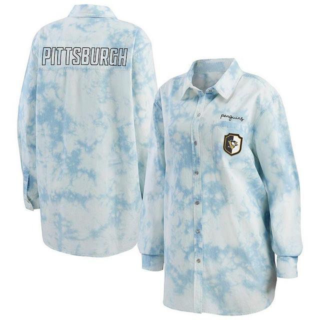 Womens WEAR by Erin Andrews White Pittsburgh Penguins Oversized Tie-Dye Button-Up Denim Shirt PNG White Product Image