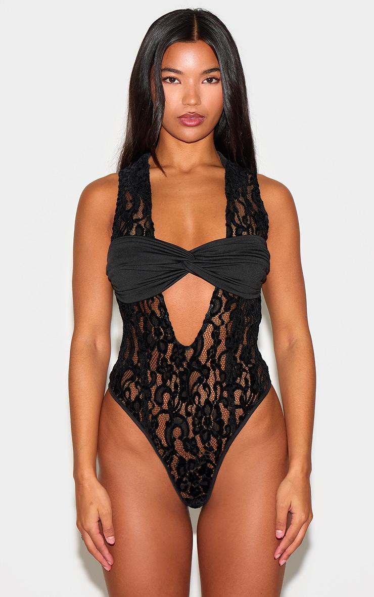 Black Velvet Lace Plunge Bodysuit Product Image