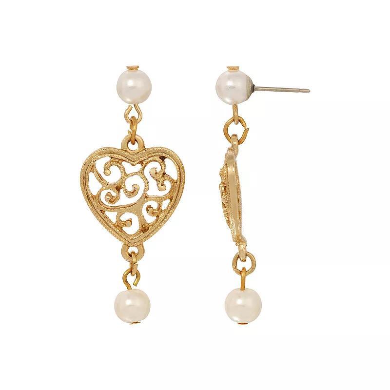 1928 Gold Tone Faux Pearl Heart Drop Earrings, Womens, White Product Image