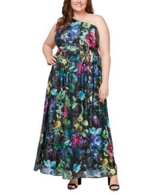 Plus Size Floral-Print One-Shoulder Gown Product Image