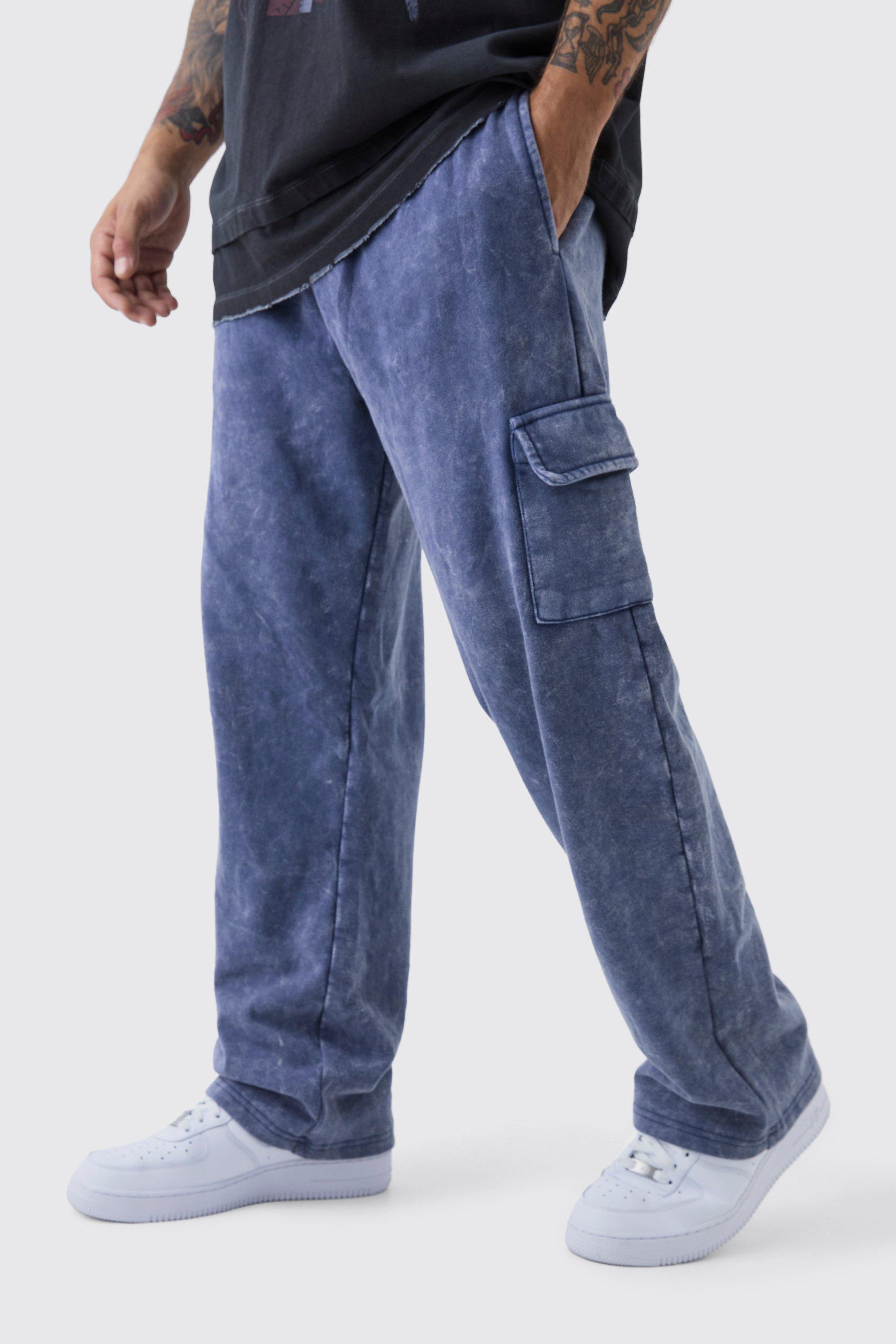 Mens Blue Straight Leg Raw Hem Cargo Loopback Joggers, Blue Product Image