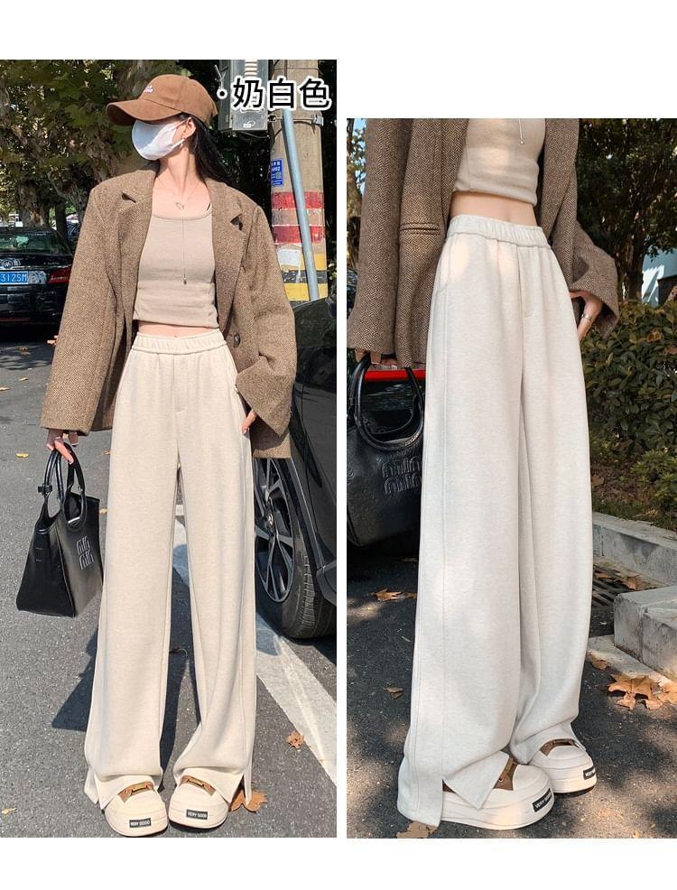 Elastic Waist Plain Slit Wide Leg Pants (Various Designs) Product Image