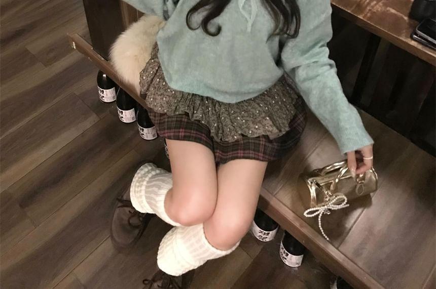 Set: Boatneck Plain Sweater + Plaid Mini Skirt Product Image