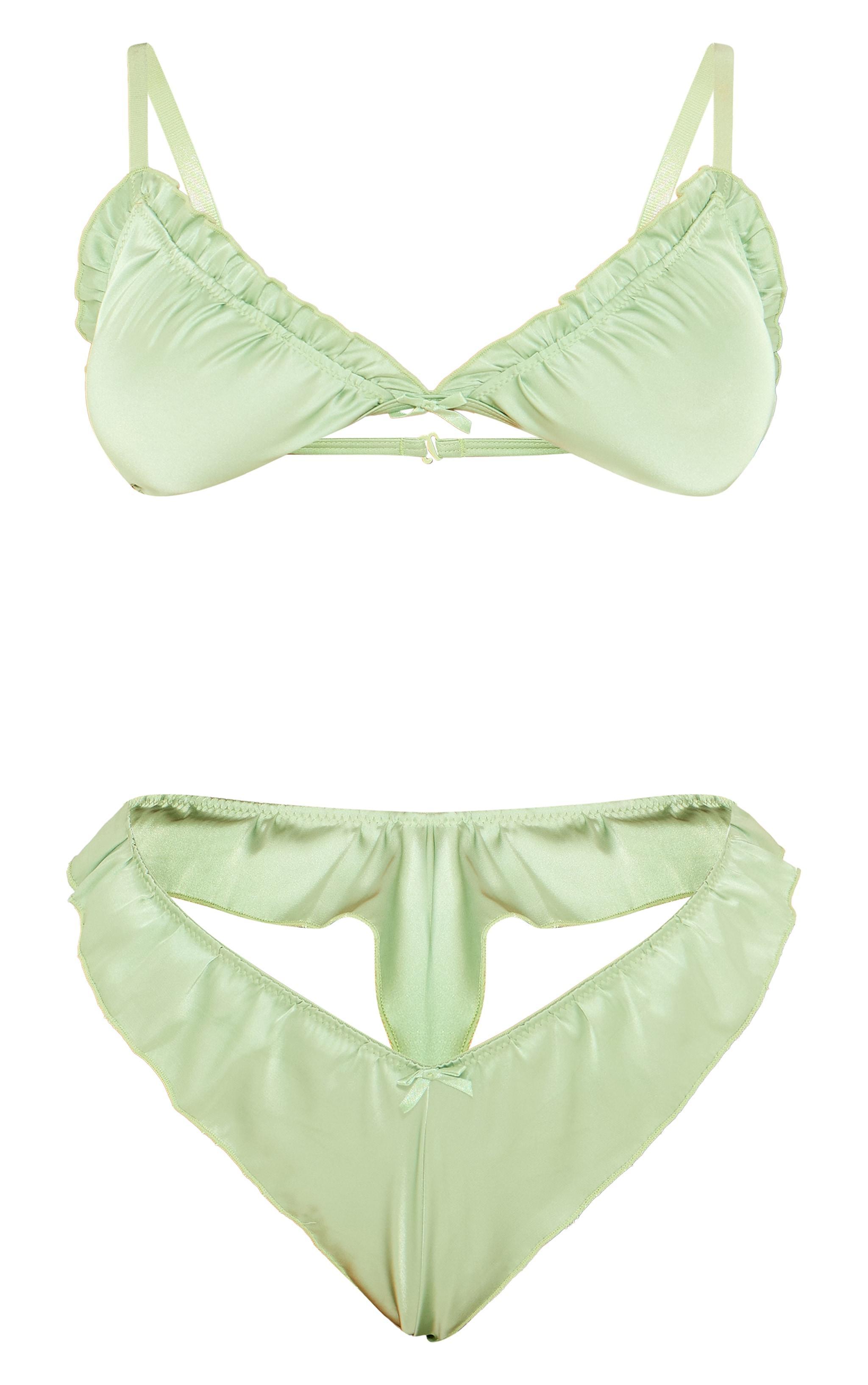 Green Satin Frill Lingerie Set Product Image