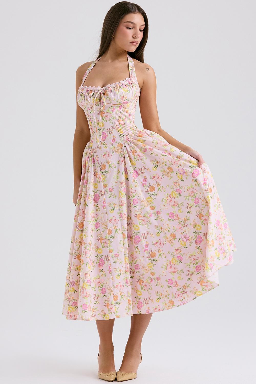 Adabella Pink Meadow Print Cotton Halter Midi Sundress Product Image