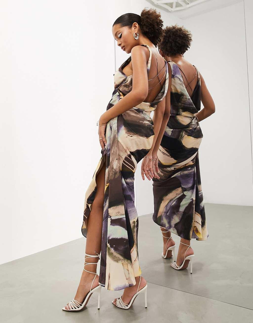 ASOS EDITION cowl neck drape detail maxi dress in brown abstract print Product Image