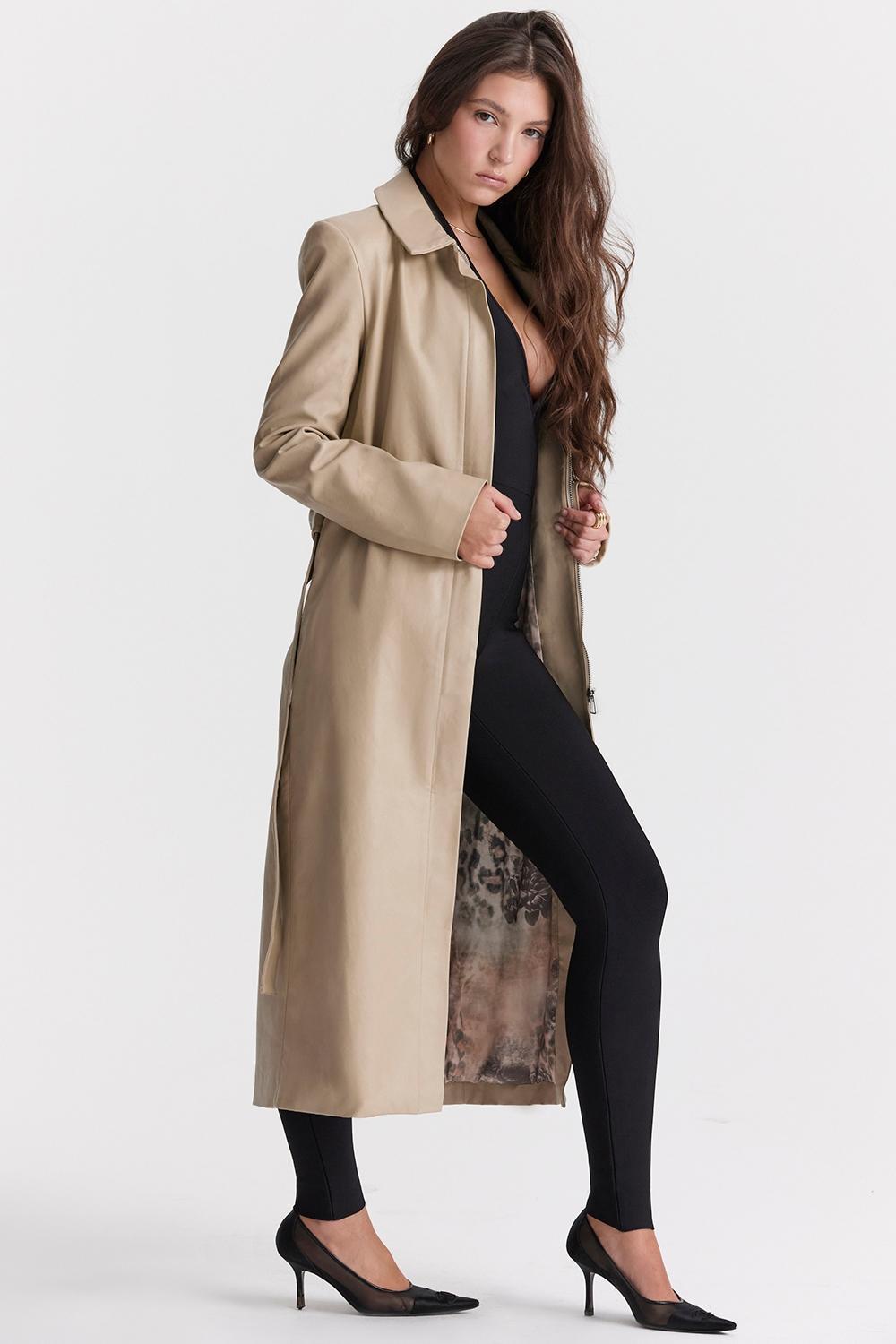 Ariel Beige Vegan Leather Trench Coat Product Image