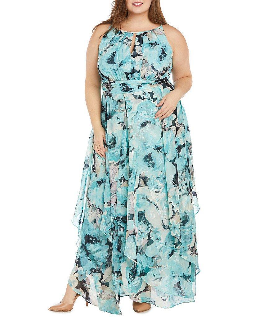 R & M Richards Plus Size Sleeveless Halter Keyhole Neck Hankie Hemline Printed Dress Product Image