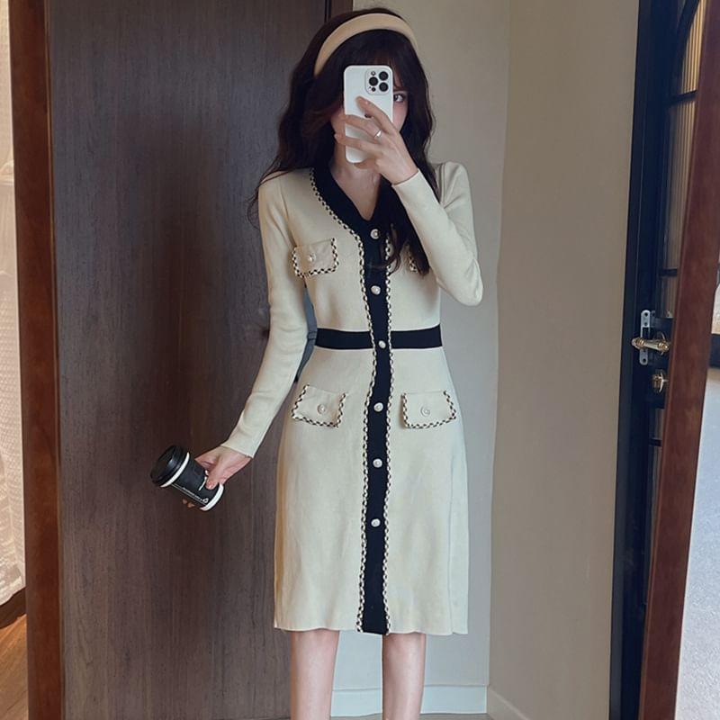 Long-Sleeve V-Neck Contrast Trim Button Sheath Knit Dress Product Image