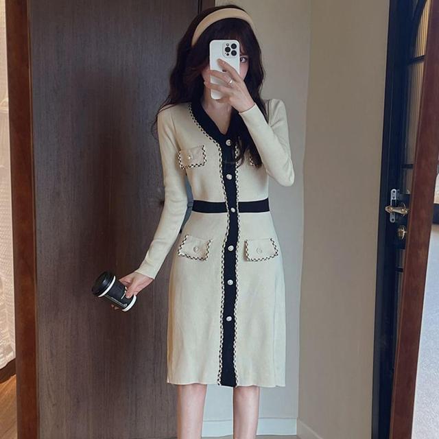 Long-Sleeve V-Neck Contrast Trim Button Sheath Knit Dress Product Image